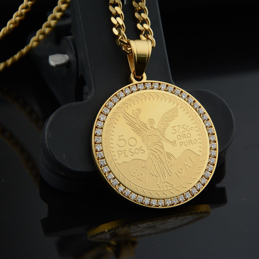 Iced Bezel 14k Gold Centenario Pendant Necklace