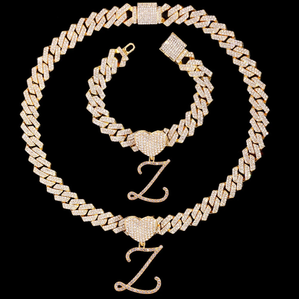 Initial Iced Out Cuban Link Chain Necklace Set