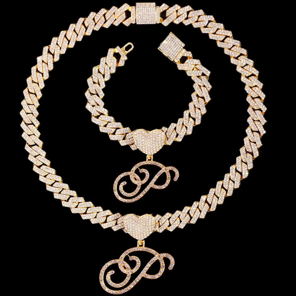 Initial Iced Out Cuban Link Chain Necklace Set