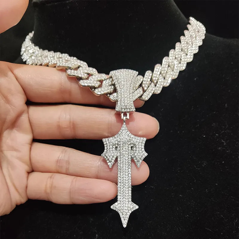 Hip Hop Letter Iced Out Cross Sword Necklace