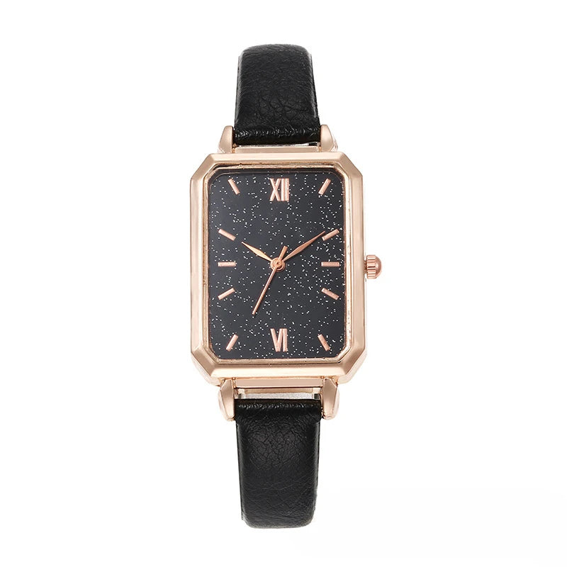 Timeless Malachite Stone Inspired Dial Leather Strap Square Watch