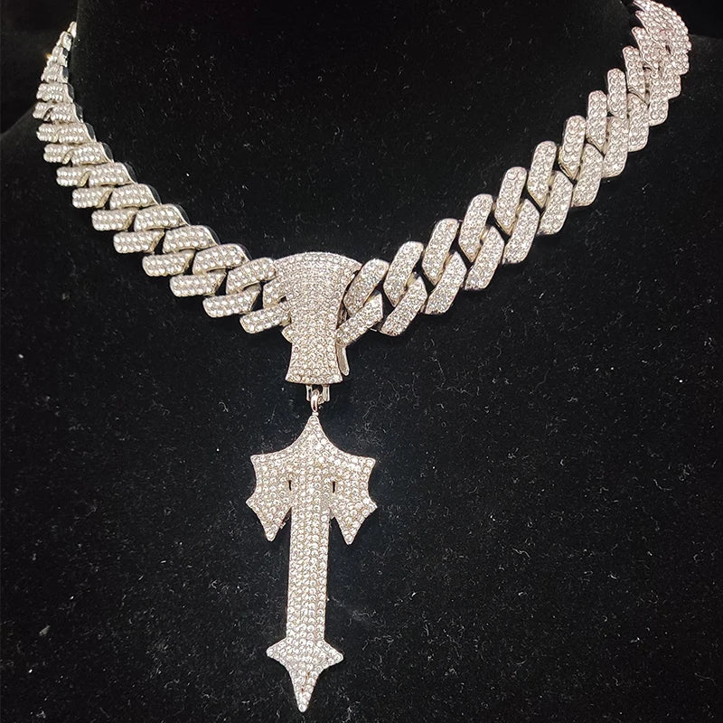 Hip Hop Letter Iced Out Cross Sword Necklace