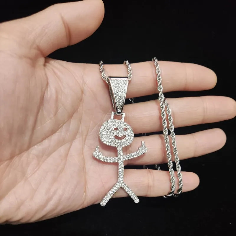 Iced Out Stickman Middle Finger Cuban Necklace - Funny Hip-Hop Pendant