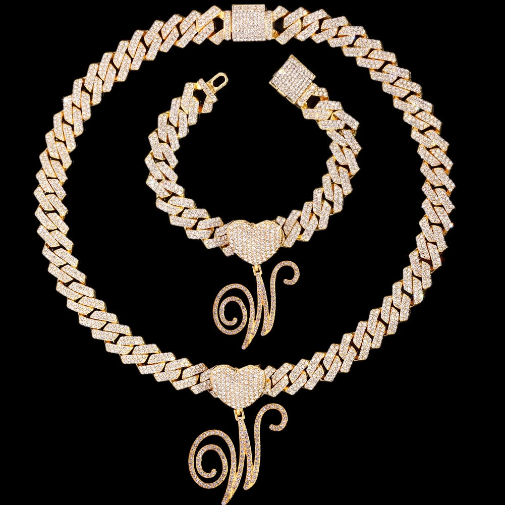 Initial Iced Out Cuban Link Chain Necklace Set