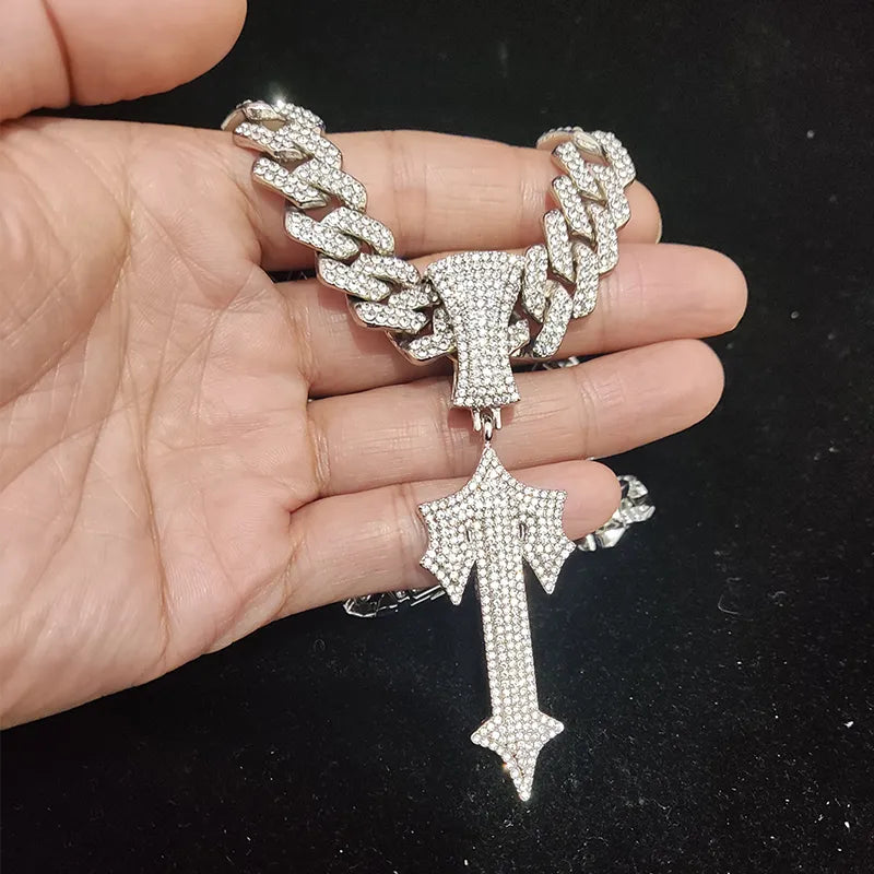 Hip Hop Letter Iced Out Cross Sword Necklace