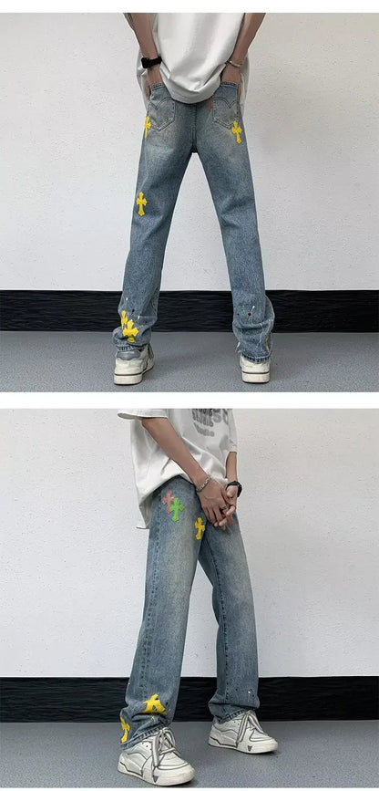 Jeans mit VVS-Splashed Ink-Kreuzstickerei