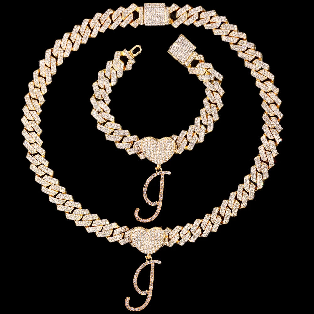 Initial Iced Out Cuban Link Chain Necklace Set