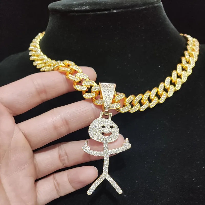 Iced Out Stickman Middle Finger Cuban Necklace - Funny Hip-Hop Pendant