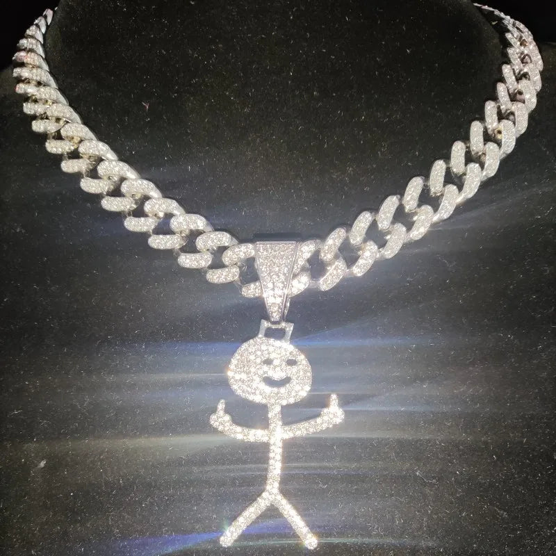 Iced Out Stickman Middle Finger Cuban Necklace - Funny Hip-Hop Pendant