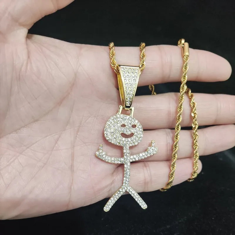 Iced Out Stickman Middle Finger Cuban Necklace - Funny Hip-Hop Pendant