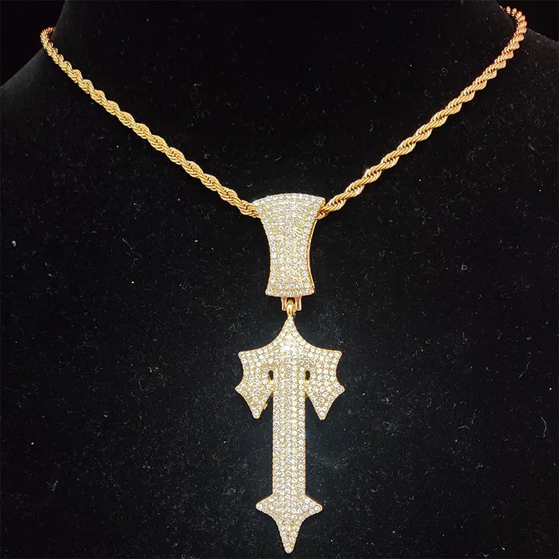 Hip Hop Letter Iced Out Cross Sword Necklace