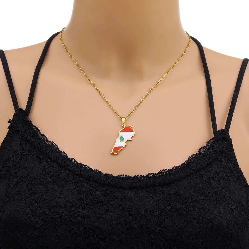 Stainless steel Enamel Lebanon Map Flag Pendant Necklace