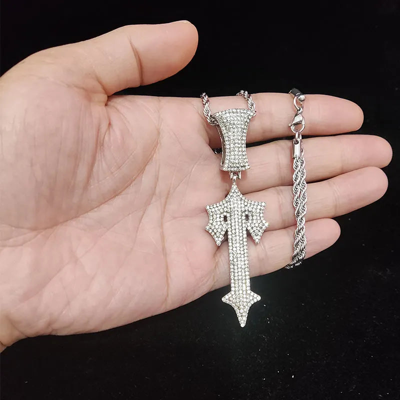 Hip Hop Letter Iced Out Cross Sword Necklace