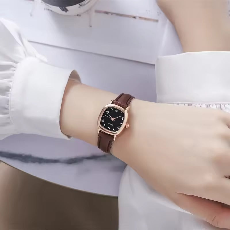 Brown Retro Square Leather Strap Women's Watch