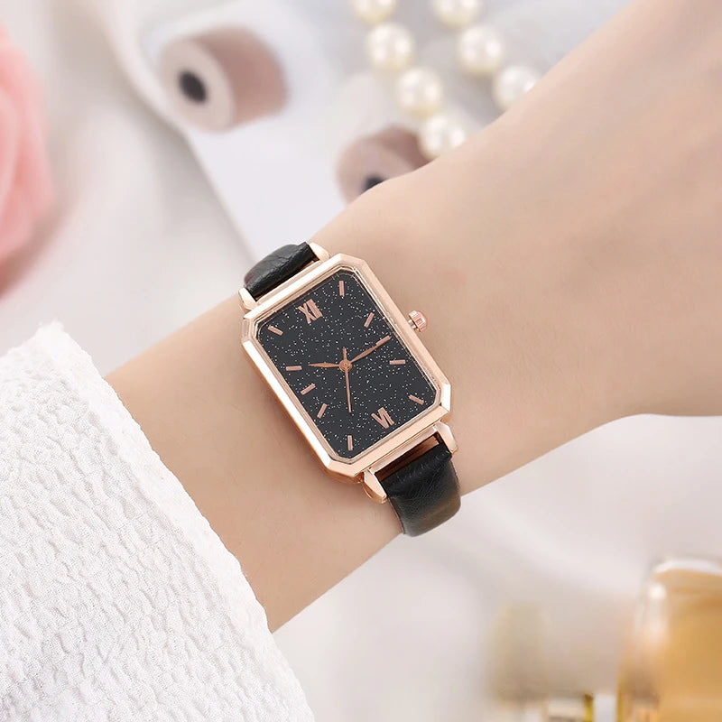 Timeless Malachite Stone Inspired Dial Leather Strap Square Women's Watch