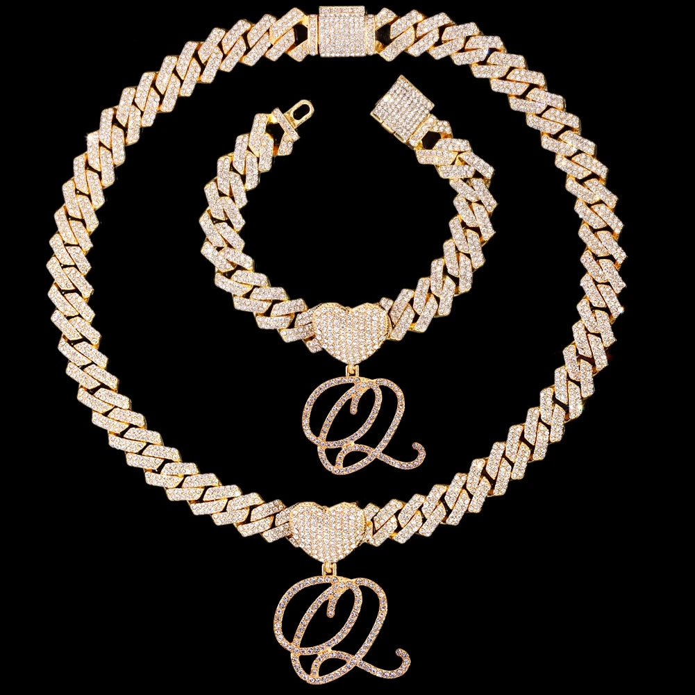 Initial Iced Out Cuban Link Chain Necklace Set