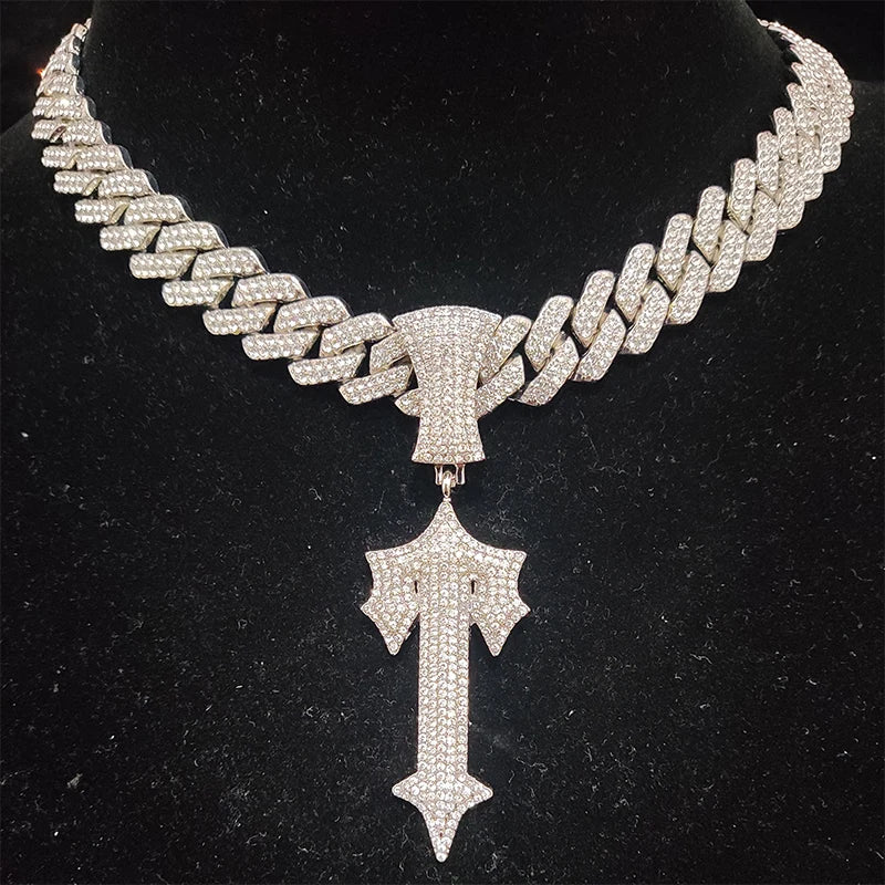 Hip Hop Letter Iced Out Cross Sword Necklace