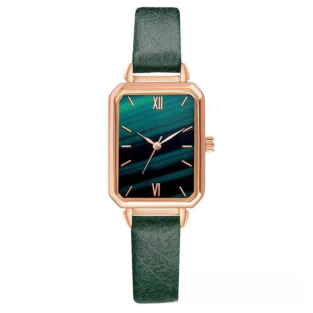 Timeless Malachite Stone Inspired Dial Leather Strap Square Watch