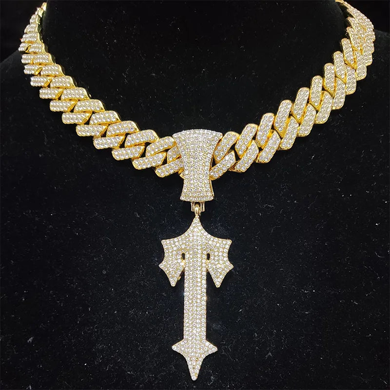 Hip Hop Letter Iced Out Cross Sword Necklace