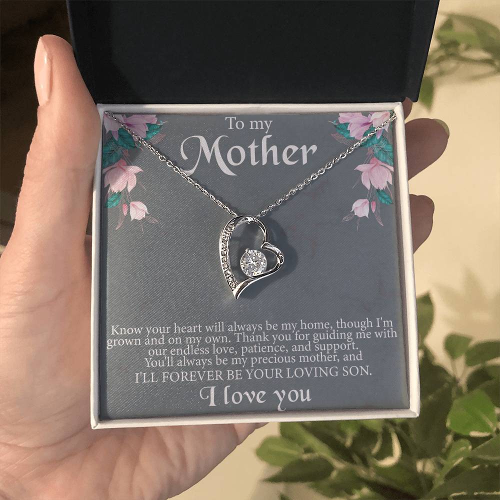 To My Mother From Son Message Card Heart Necklace