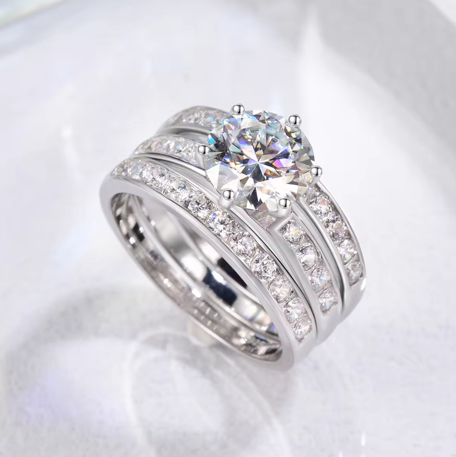 2CT Three Row Diamond 925 Sterling Silver Moissanite Ring