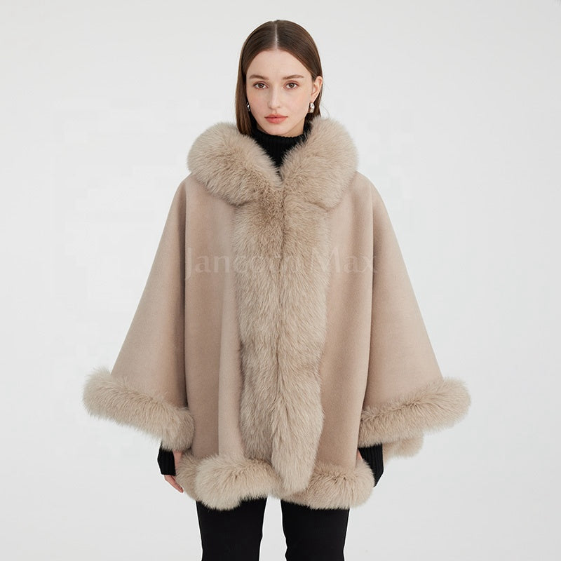 Emily Cashmere Poncho Real Fox Fur Cape with Fox Fur Hood