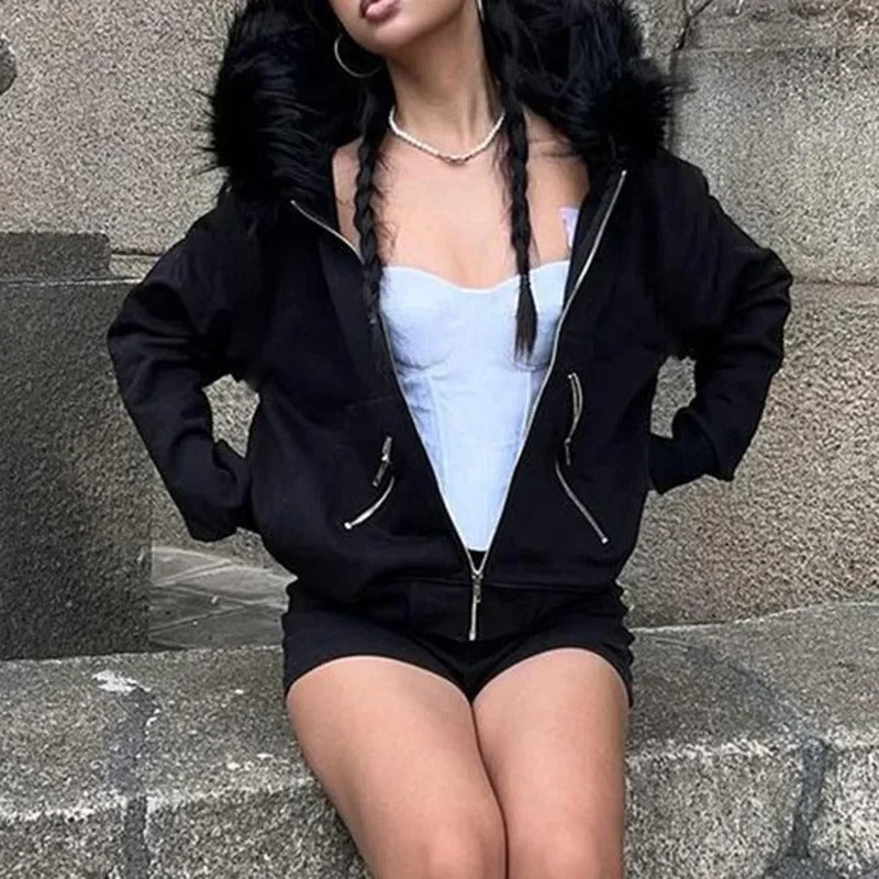 Fur Collar chic Casual Black Hoodie