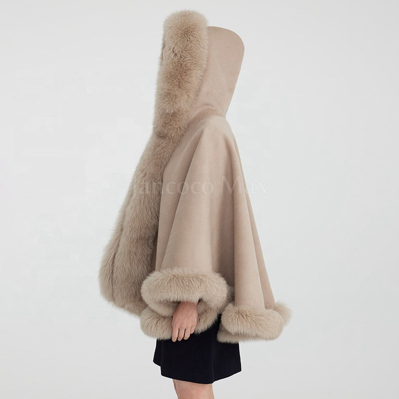 Emily Cashmere Poncho Real Fox Fur Cape with Fox Fur Hood