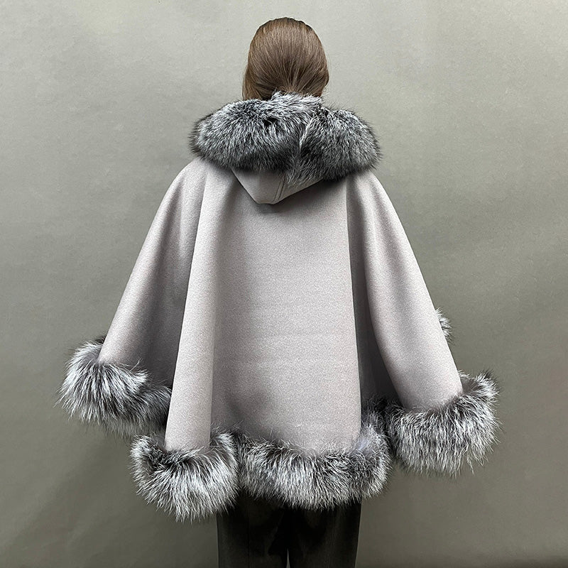 Emily Cashmere Poncho Real Fox Fur Cape with Fox Fur Hood