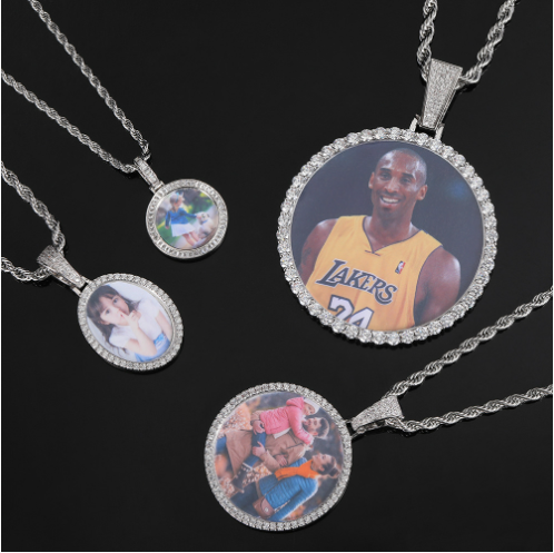 Halskette mit Foto-Memory-Anhänger aus Moissanit mit Diamanten im VVS-Silberton