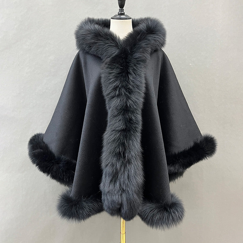 Emily Cashmere Poncho Real Fox Fur Cape with Fox Fur Hood