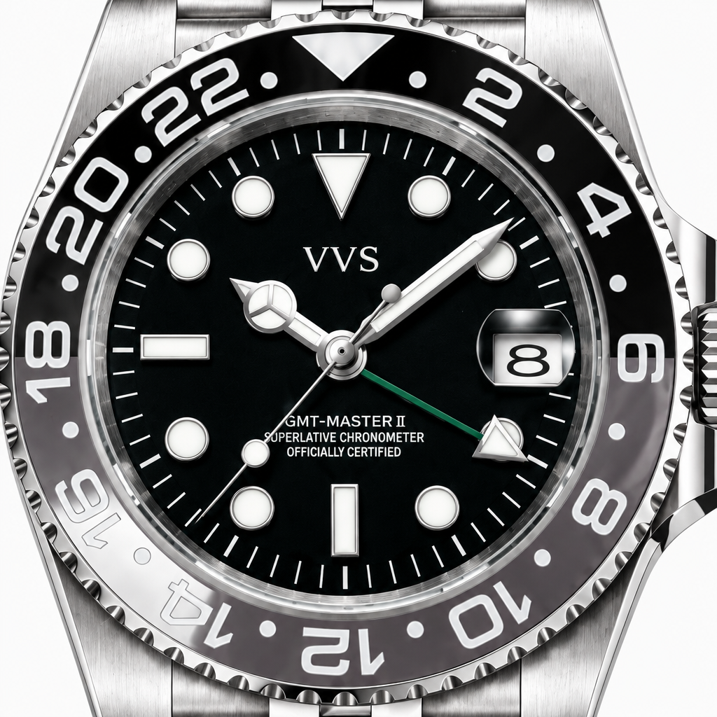 Macro detail of VVS bruce wayne watch face and bezel; AI-assisted concept