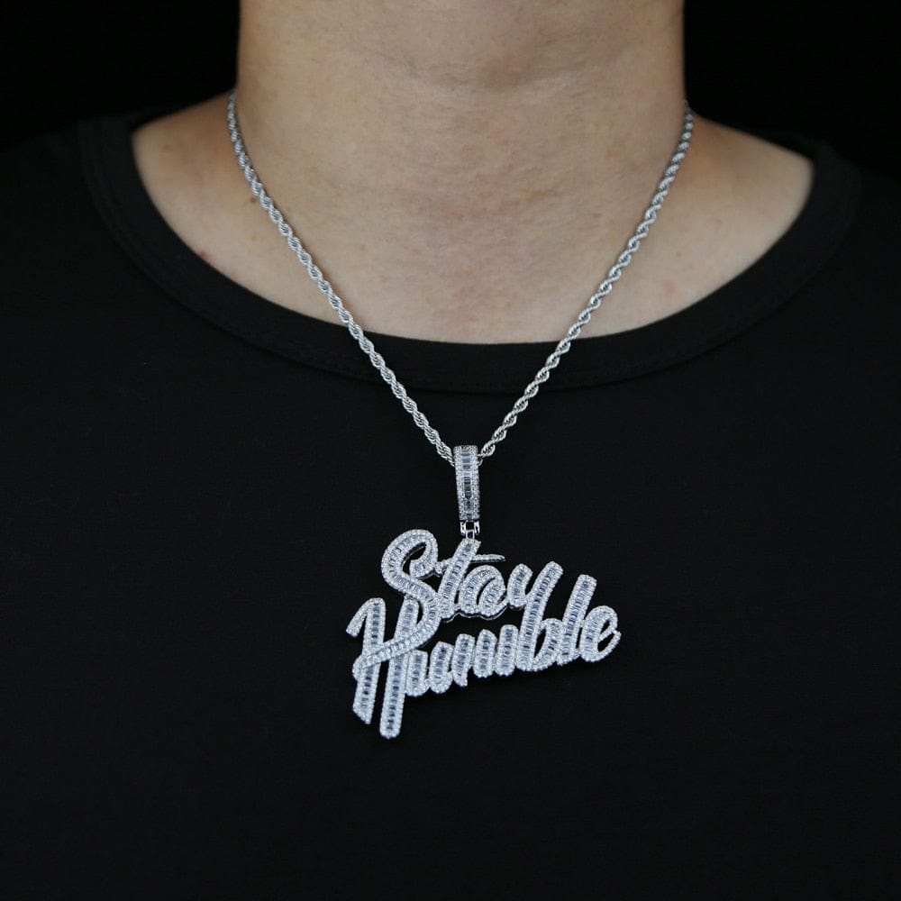 VVS Jewelry hip hop jewelry 18K Gold "Stay Humble" Baguette Pendant Necklace