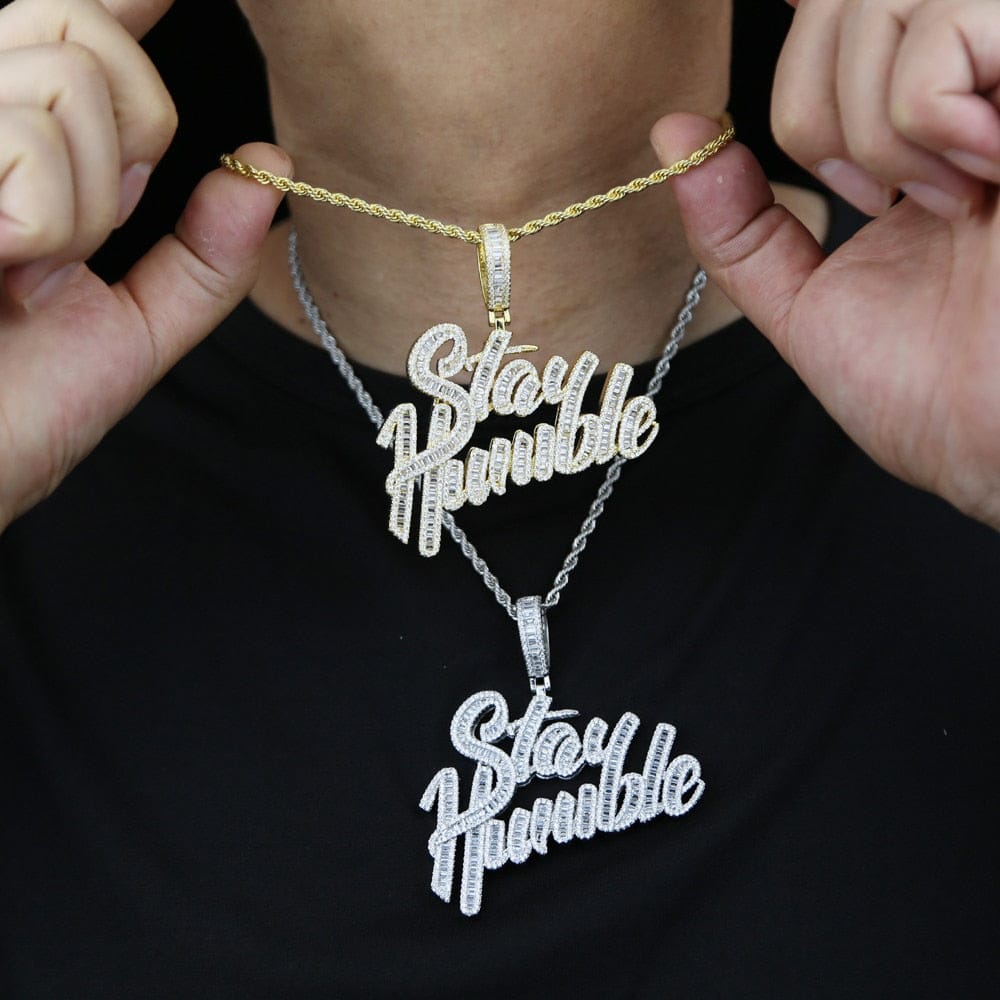 VVS Jewelry hip hop jewelry 18K Gold "Stay Humble" Baguette Pendant Necklace