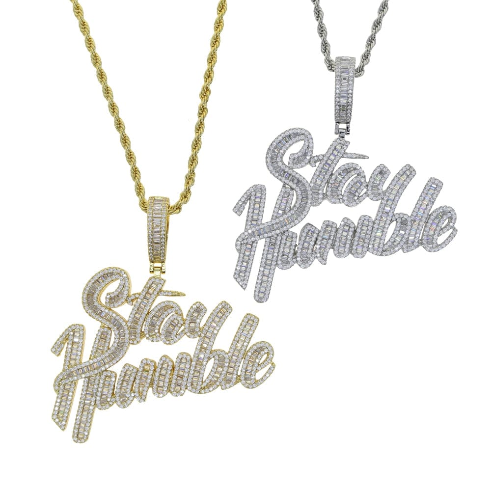 VVS Jewelry hip hop jewelry 18K Gold "Stay Humble" Baguette Pendant Necklace