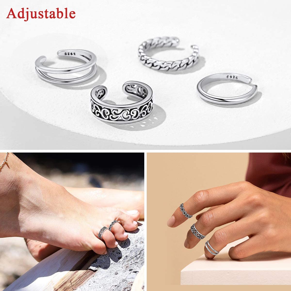 VVS Jewelry hip hop jewelry 4pc Set 925 Sterling Silver Adjustable Toe Rings