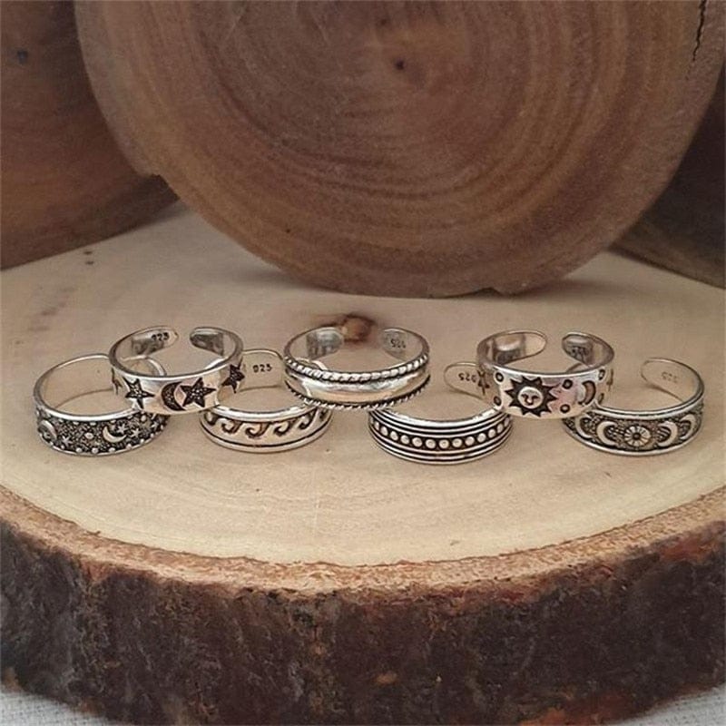 VVS Jewelry hip hop jewelry 7pcs Vintage Hallow Star and Moon Toe Rings Set