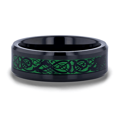VVS Jewelry hip hop jewelry 8MM Black Tungsten Men's Wedding Band with Green Celtic Dragon Inlay