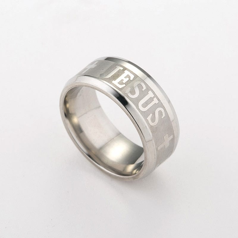 VVS Jewelry hip hop jewelry Christian 6 / Silver 8mm Jesus Cross Engraved Ring