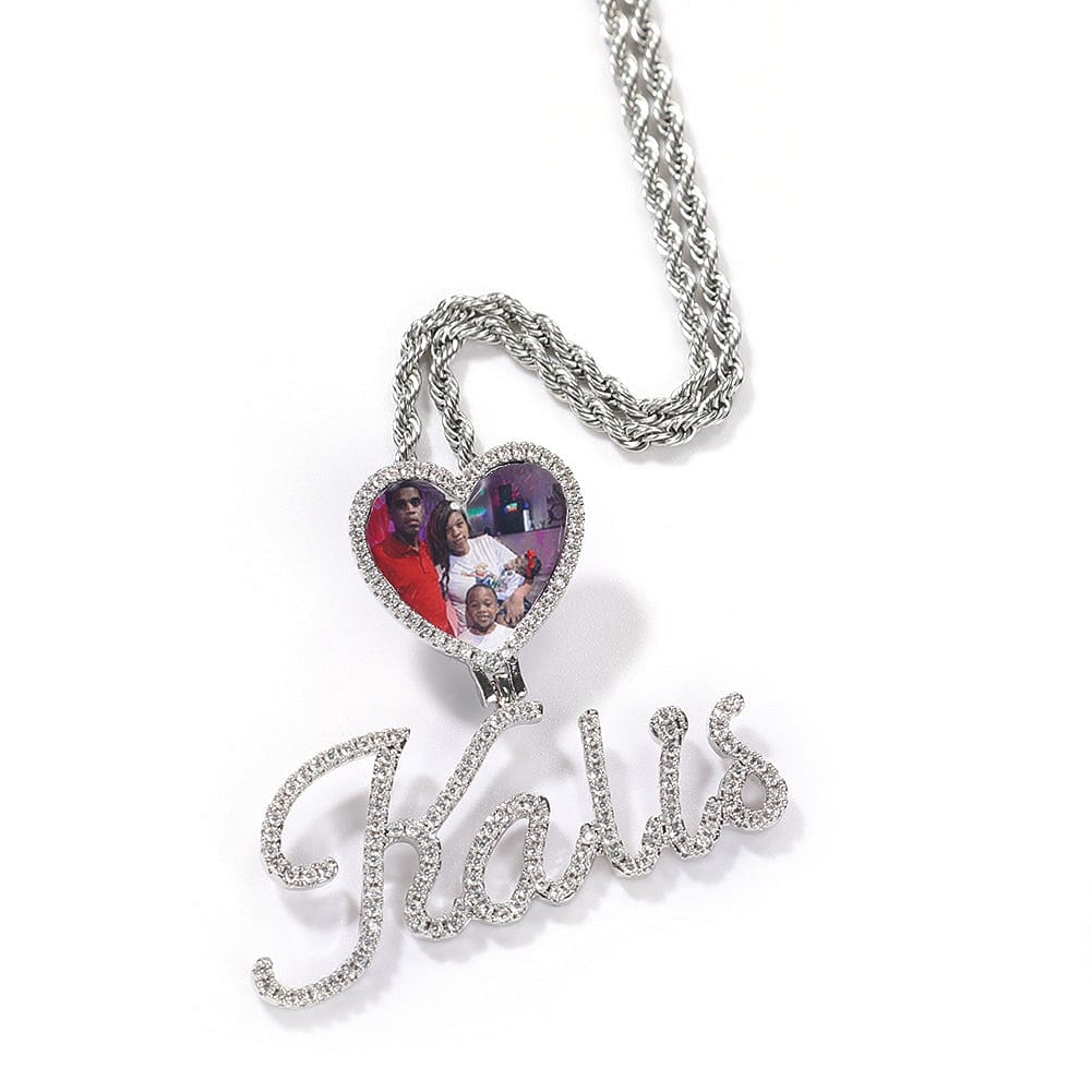 VVS Jewelry hip hop jewelry Custom Heart Photo Pendant with Cursive Letter Pendant Necklace