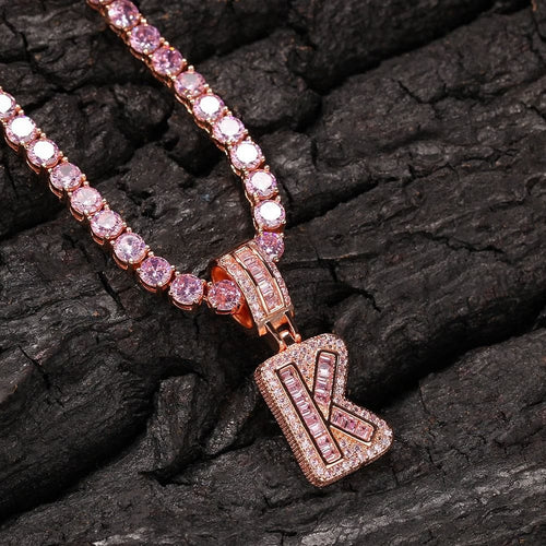 VVS Jewelry hip hop jewelry Custom Pink Baguette Initial Pendant Chain