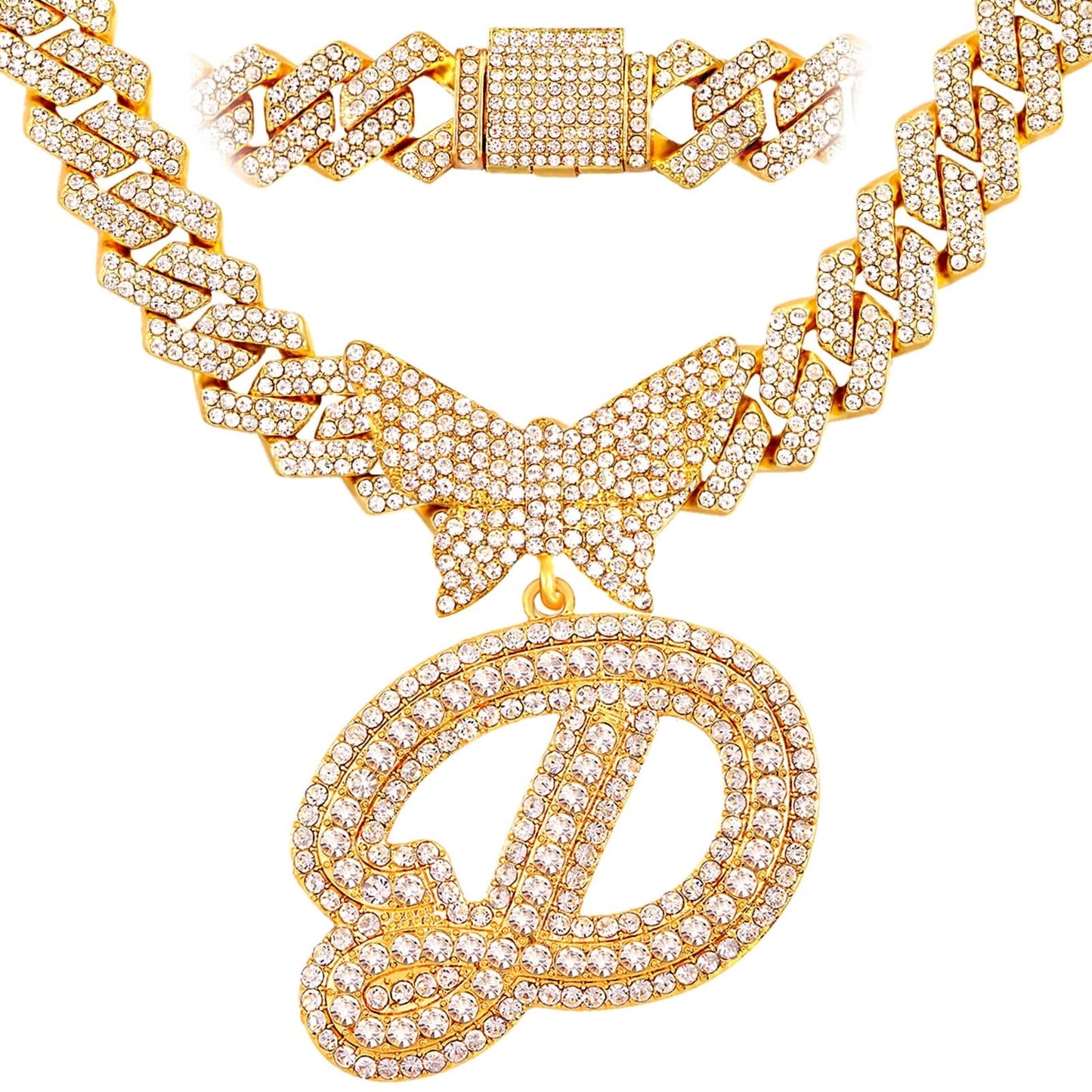 VVS Jewelry hip hop jewelry D / Gold Bling Butterfly Letter Cuban Link Chain