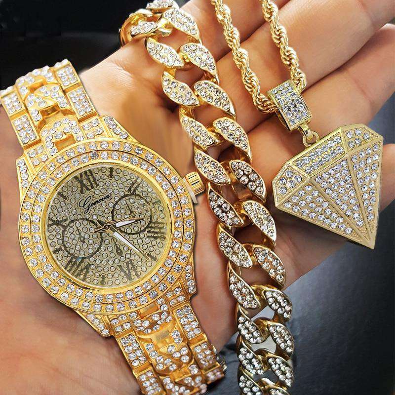 VVS Jewelry hip hop jewelry Drip Icy Cuban Chain Bracelet + Diamond Necklace + Watch Set