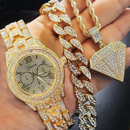 VVS Jewelry hip hop jewelry Drip Icy Cuban Chain Bracelet + Diamond Necklace + Watch Set