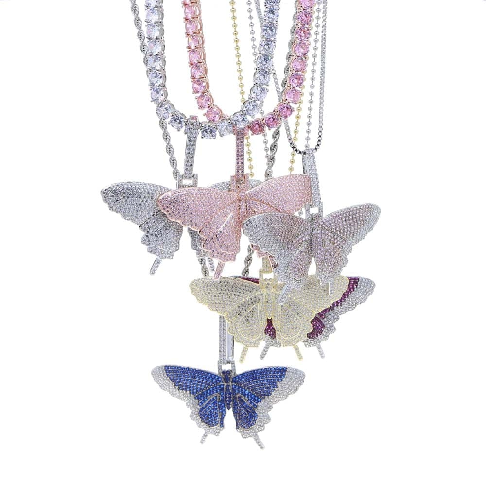 VVS Jewelry hip hop jewelry Fully Iced Butterfly Pendant Tennis Chain