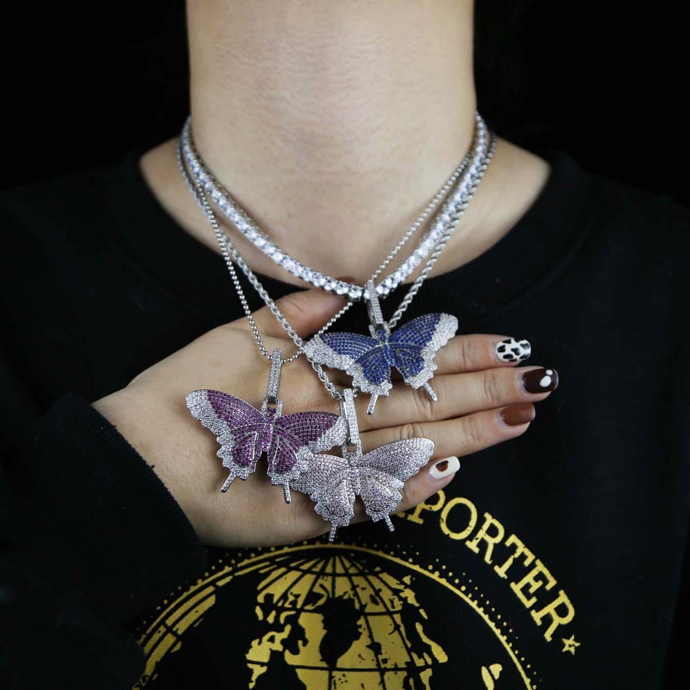 VVS Jewelry hip hop jewelry Fully Iced Butterfly Pendant Tennis Chain