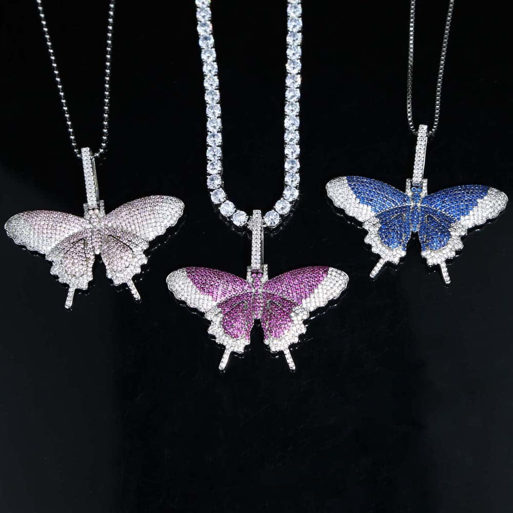 VVS Jewelry hip hop jewelry Fully Iced Butterfly Pendant Tennis Chain