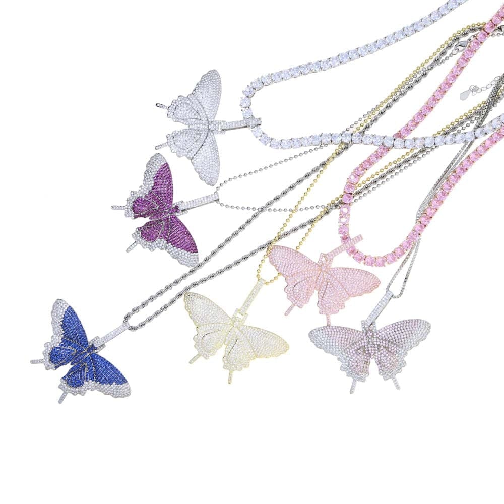 VVS Jewelry hip hop jewelry Fully Iced Butterfly Pendant Tennis Chain