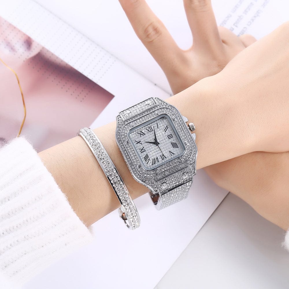 VVS Jewelry hip hop jewelry Fully Iced Roman Square Bezel Watch + FREE Iced Bangle