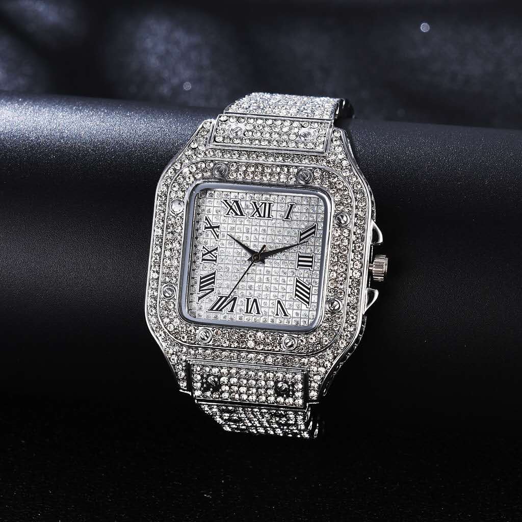 VVS Jewelry hip hop jewelry Fully Iced Roman Square Bezel Watch + FREE Iced Bangle